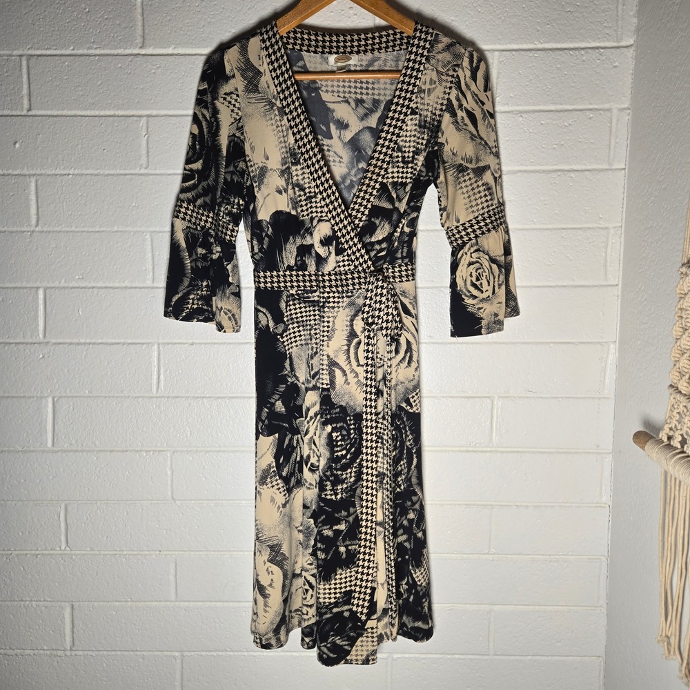 Vtg Jersey Talbots Faux Wrap Dress 8 Black Cream Floral Houndstooth Gingham Midi